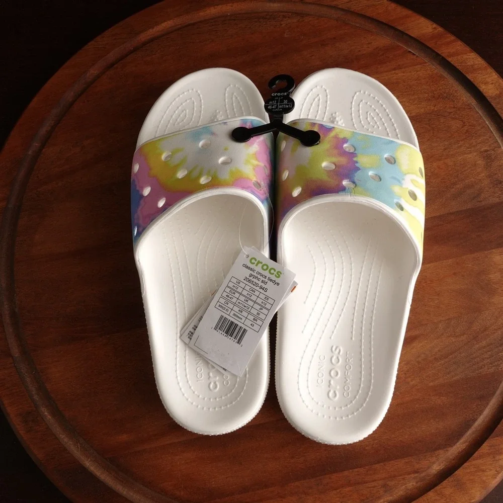 Crocs Sandals Mens SZ M12 White Tiedye Classic Slide Waterproof Pool Shoes NWT